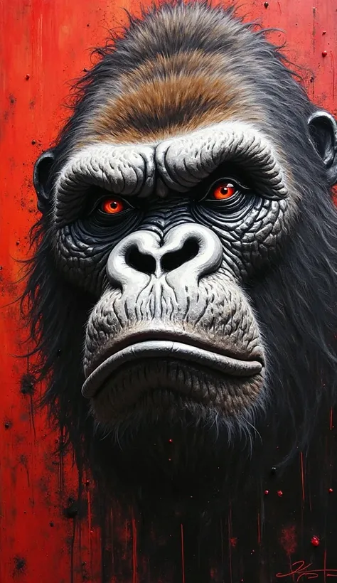 Impasto painting with oil, charcoal, and scratched graphite. Dramatic close-up of King Kong's face, furioso e sinistro, cores pr...