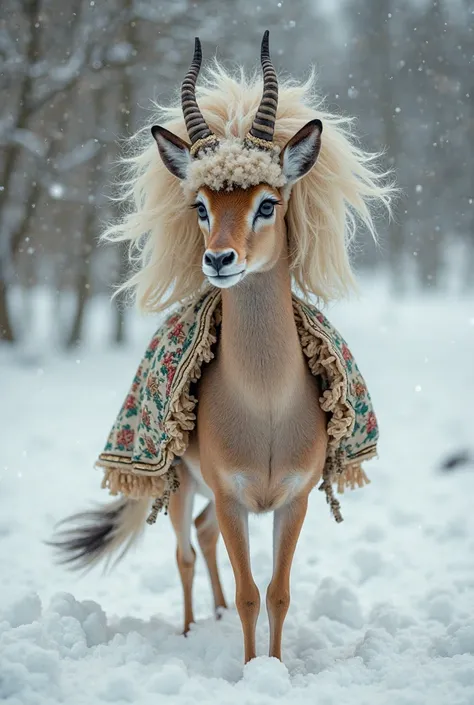 Un gazelle qui porte une perruque de cheveux féminin et qui porte des vêtements russe dans la neige