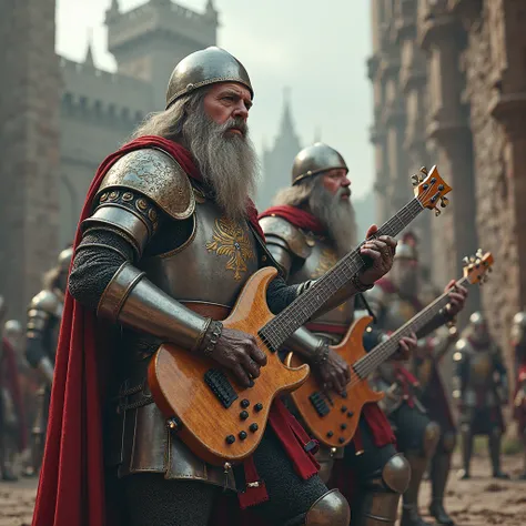 Medieval knights playing an electric guitar an electric bass a rock drum set and singing