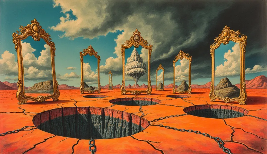 The overall tone is vintage and suggestive of metaphysical ideas.
A surreal landscape featuring several ornate mirrors emerging...