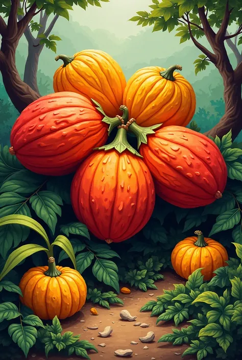 I need a wallpaper with a large size, Of several red and yellow cashews from the savanna in the imprecisionist oil painting styl...