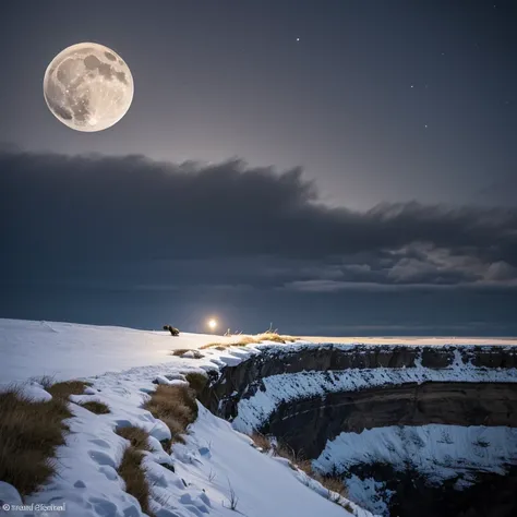 Sideways snowy cliff seen from the front on a dark night and a full moon above the middle and a dog howling upward below it