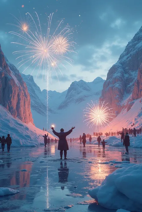 a vibrant, hyper realistic daylight eve party on a norwegian glacier, with people and enormous natural looking through inspired ...
