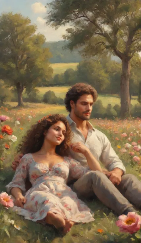 a handsome couple lying on the grass with colorful flowers around, mulher(curly hair,wearing a full length dress, including the...