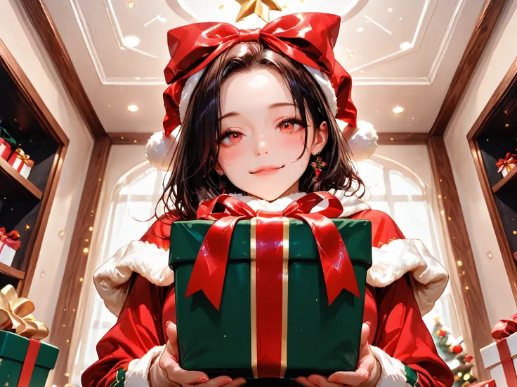 fitone in a christmas costume, looks out of a large gift box while in it, she has a gift bow on her head, herself she looks like...
