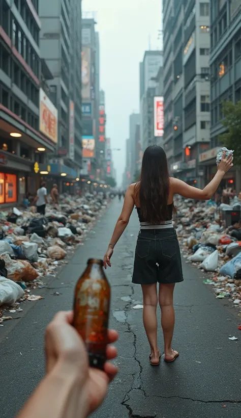 First person perspective, I see my right hand reaching for a dirty plastic bottle from a pile of trash, my left hand opening a w...