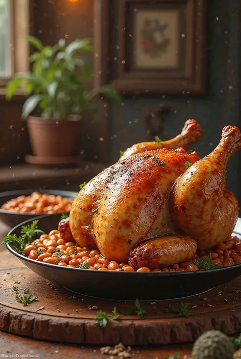 Create a roasted chicken poster with tropeiro beans