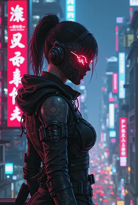 The image contains a sexy female ninja with a futuristic streetwave outfit.4:1% ratio. The image contains a sexy female ninja wi...