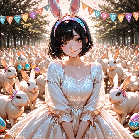 masterpiece, best quality, absurdres,highres, ultra-detailed, high-quality, 1girl,Easter Festival,easter eggs,Lots of rabbits,Da...