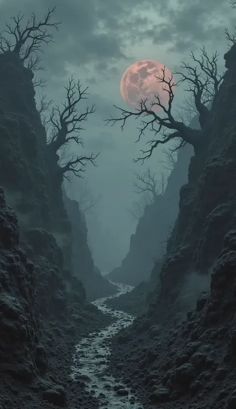 A dark, haunted landscape with jagged black rocks and swirling gray mist. Gnarled dead trees line a winding path disappearing in...