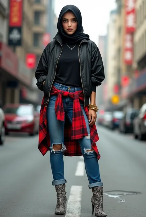 A striking woman in her 30s with an impeccable figure (36-24-26) stands with effortless confidence in a vivid, GTA-inspired urba...
