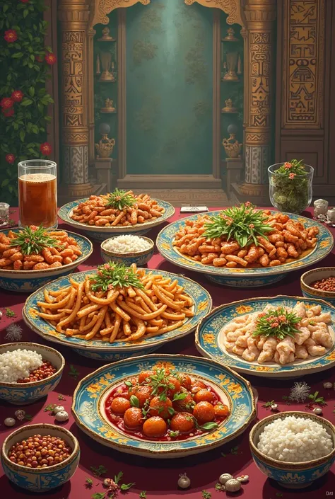 Create pictures that combine Egyptian food and Chinese food and make a simple comparison of them