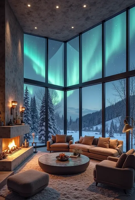 modern luxury winter living room with fireplace and panoramic window showing aurora borealis, cozy warm lighting