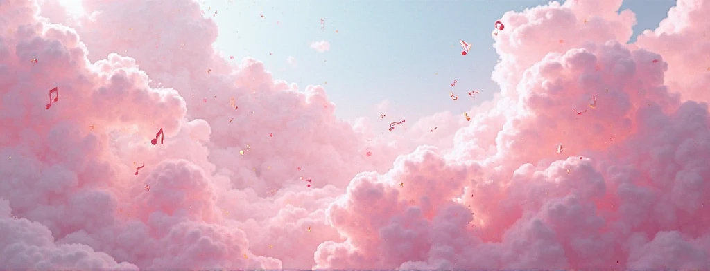 Realistic pink clouds with musical symbols