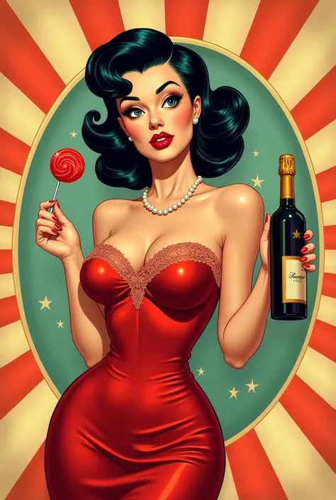 Make me a animation character of a beautiful women she should be holding a lollipop and a bottle of champagne with a cute pose 1...