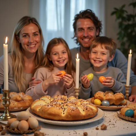 Mum, dad, daughter and son are sitting at the table. On the table there is a tall wax candle in a candle holder, an Easter couli...