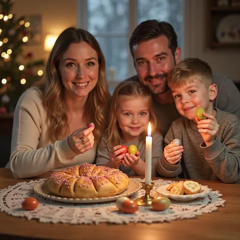 Mum, dad, daughter and son are sitting at the table. On the table there is a tall wax candle in a candle holder, an Easter couli...