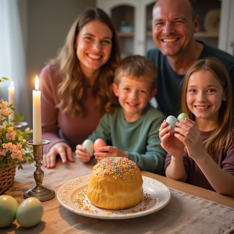 Mum, dad, daughter and son are sitting at the table. On the table there is a tall wax candle in a candle holder, an Easter couli...