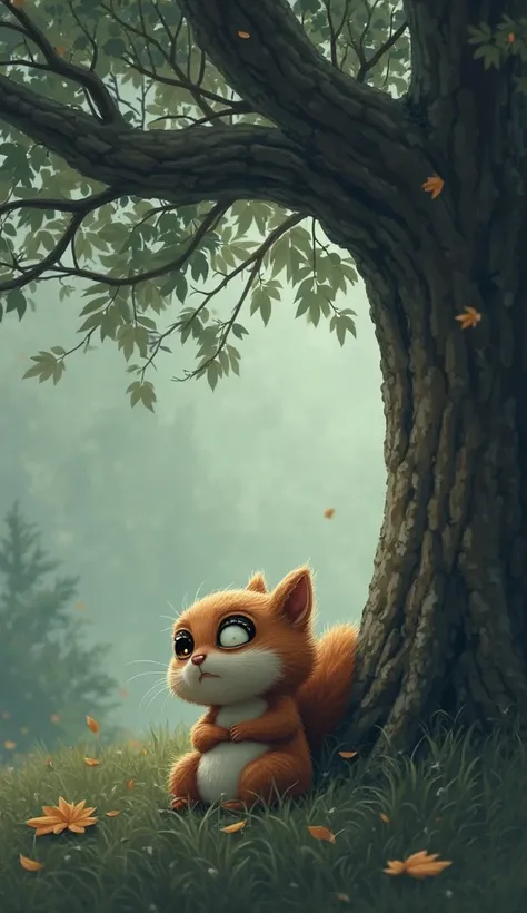 One day, a little squirrel was sitting under a tree, crying