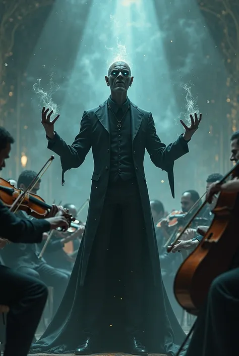 A skinny black-skinned evil wizard wearing a black suit plays a symphony of music