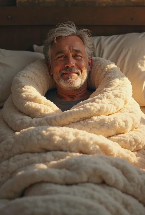 I need a picture, in which a man has three comforters around him and looks satisfied. Under the picture there should be an Achoe...
