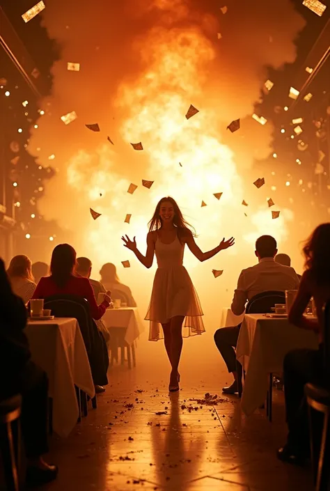 A dramatic cinematic explosion inside a fancy restaurant, with a young woman in a white dress being blown backwards through the ...