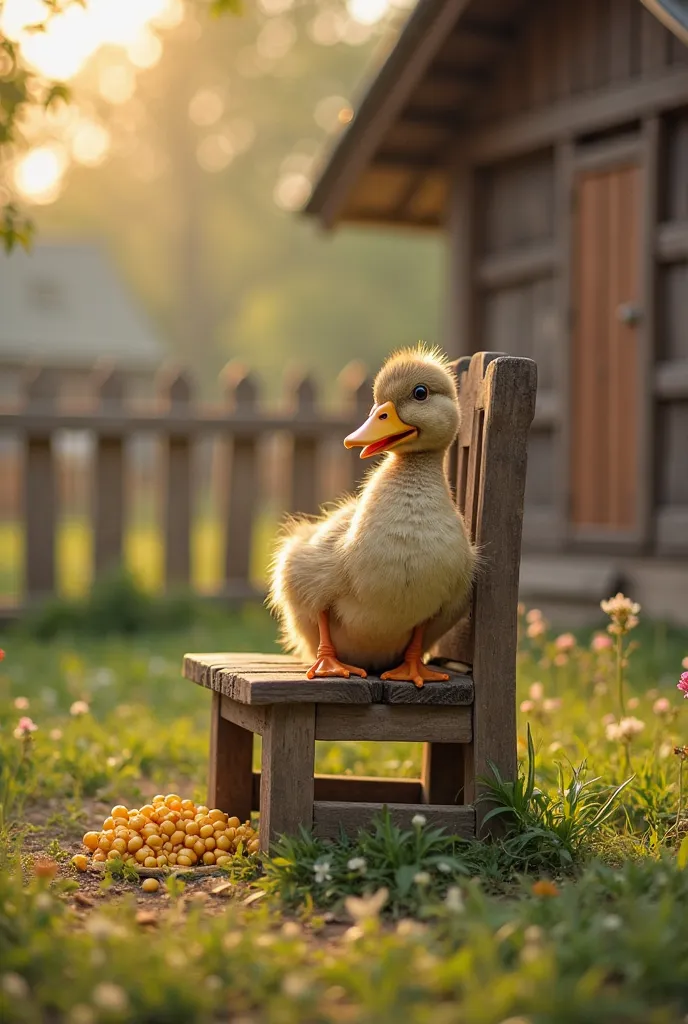 A cute duck is sitting on a wooden chair in front of his house in the village, while eating corn kernels with gusto. Quiet villa...