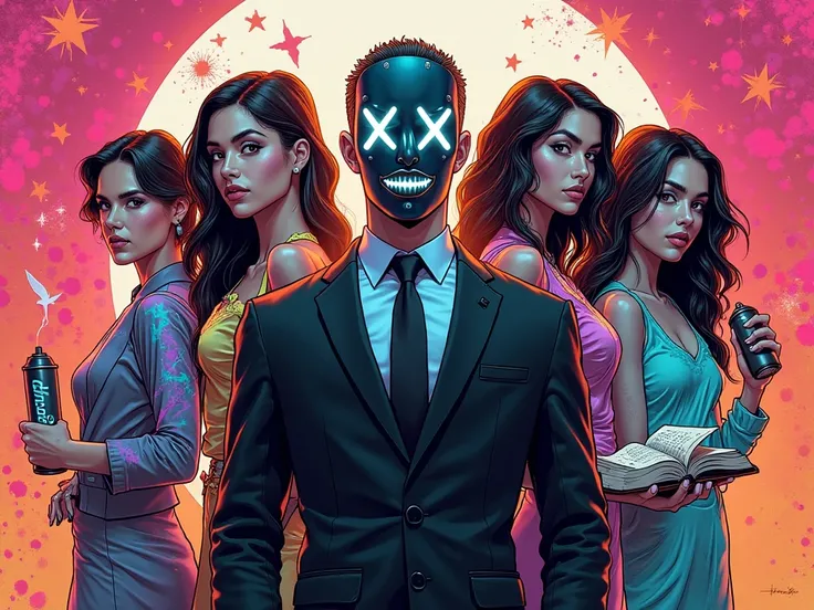 A comic-style digital illustration of a young man in the center wearing a sleek black suit and a futuristic 'God-mask' from The ...