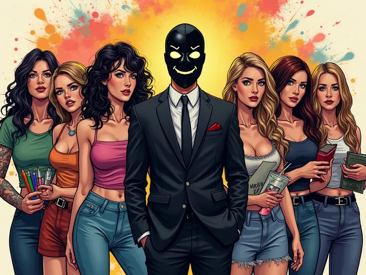 comic, a banner, group of +6 of different types of woman, in all shapes and sizes, in the middle of the group is standing a tall...