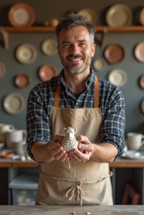 people, dressed in a light brown apron over dark checkered shirt, holds a small, a carved clay object in his hands, demonstratio...