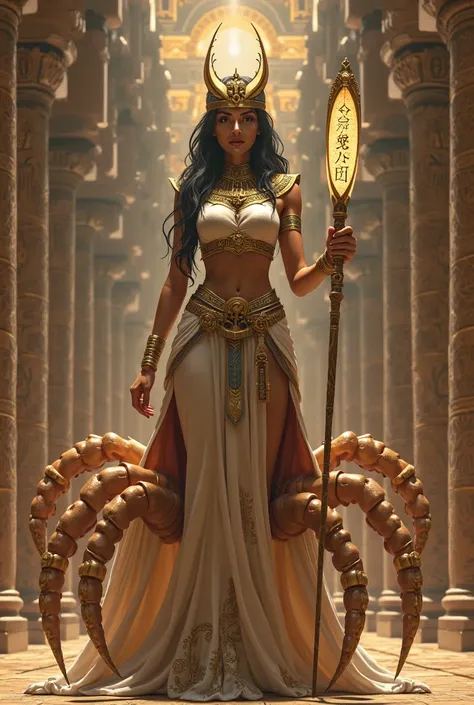 A beautiful egyptian goddess, beautiful headpiece, lower body is tarantula, holds a wand