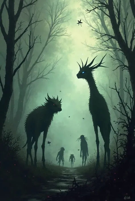 mysterious background (chamativo) with silhouettes of mysterious and very curious creatures