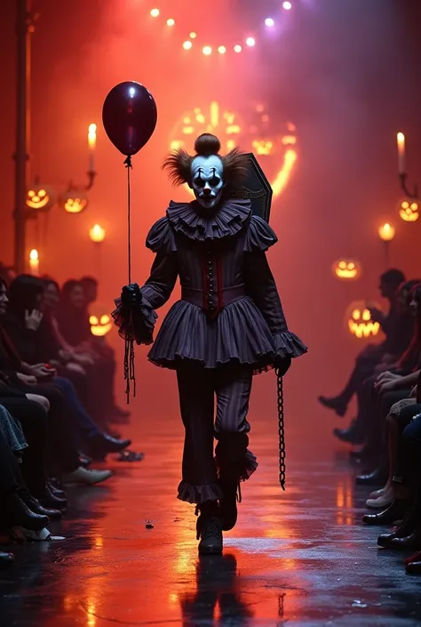 A Halloween-themed fashion show runway, eerie and haunting. The catwalk is decorated with glowing jack-o'-lanterns, flickering c...