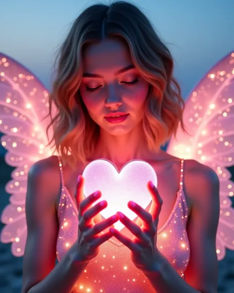 A dreamy, ethereal young woman with soft wavy bob hair, wearing a sparkling glitter dress with delicate angel wings, glowing in ...