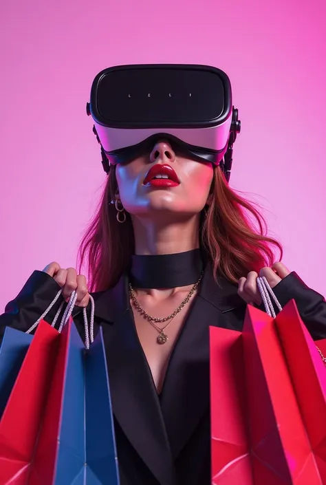 Black pink lisa handing some shopping bags, VR wearing, pink and purple theme ,attitude face ,front image