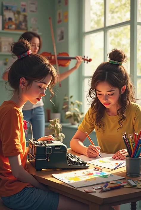 the writer is sitting at a desk and typing on a typewriter; next to them, the artist sketches with colored pencils; there is a m...