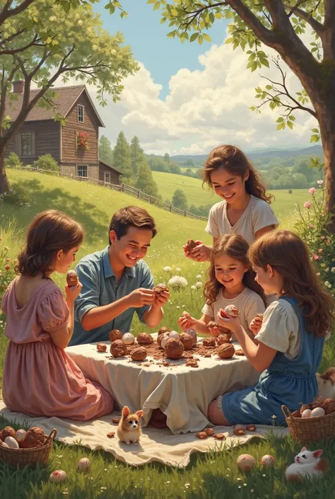 People eating chocolate eggs on the farm