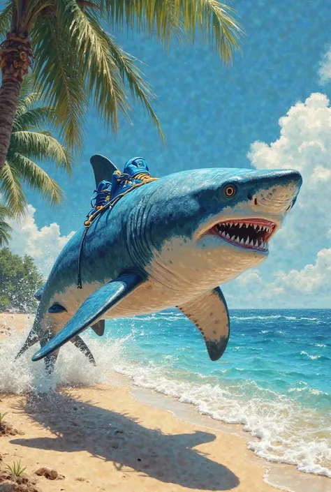 A shark with blue nike shoes in beach