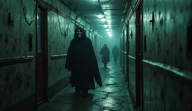 a surreal train car with walls pulsing like veins, endless corridor of darkness and chains, a cloaked figure with a mirror mask ...