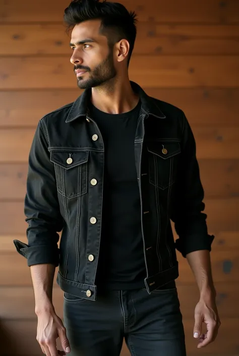 Creat realistic 16k quality picture a 28-year-old Pakistani man black eyes and itelyin hair style wearing a black denim jacket o...