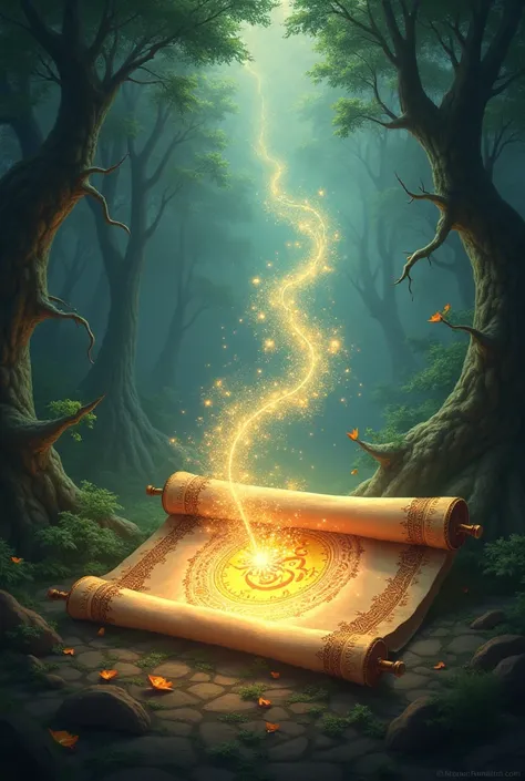 "A mystical scroll with the words 'हर हर महादेव' glowing in divine light, surrounded by magical symbols, ancient forest backgrou...