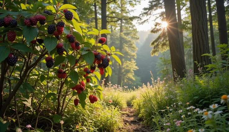 forest glade berries on bushes sunny summer nature
