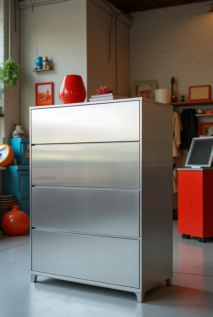 modern minimalist dresser with brushed aluminum finish, slim rectangular shape, handleless drawers, standing alone in a clean, i...