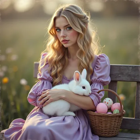 A nostalgic and poetic portrait of a woman with long, wavy blonde hair, brown eyes, painted skin, a defined nose, and defined ey...