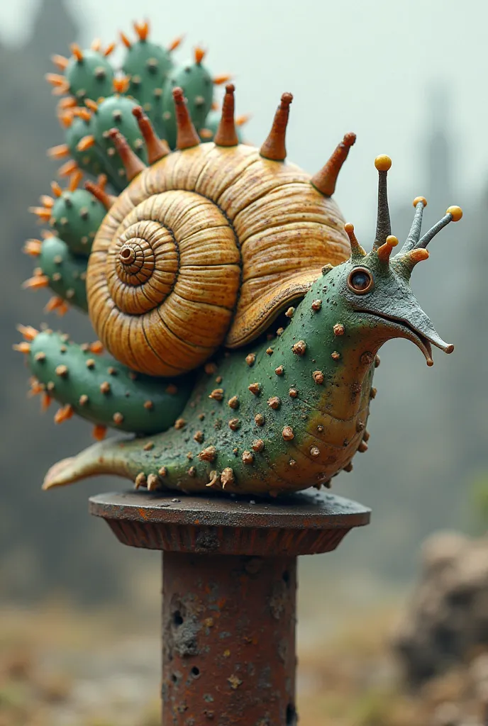 Un escargot melanger a un cactus faucon et un poteau en metal
