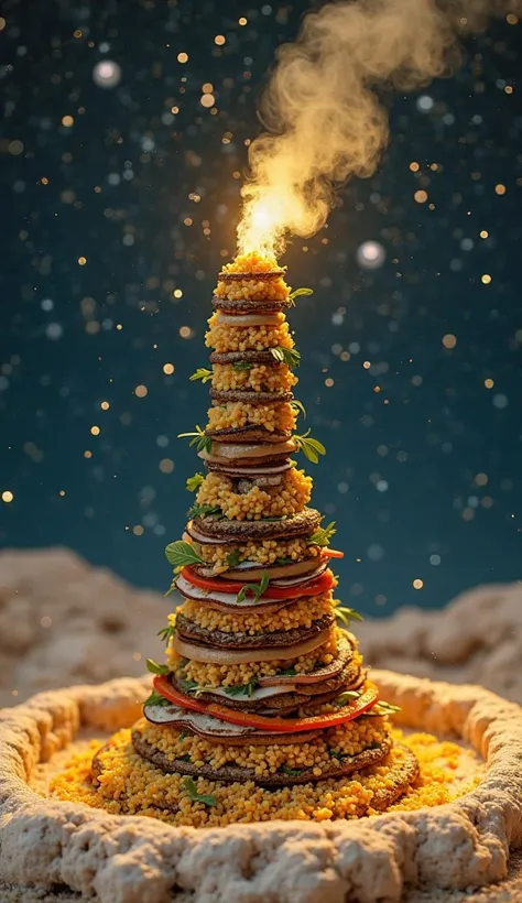 In a moon crater, miniature engineers stack layers of spiced rice, eggplant, chicken, and vegetables upside-down to form a tower...