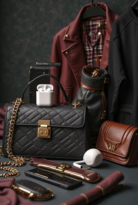 Create me a TikTok profile photo with the tag “L'AtelierDuLuxe” in the center and a dark background with air pods, phones and lu...
