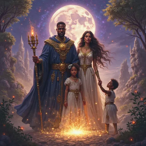 "mystical and powerful interracial family in an enchanted kingdom, surrounded by floating forests and crystal towers that shine ...