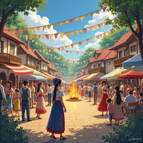 A typical June festival in a small rural town, with colorful flags hanging, Campfires crackling