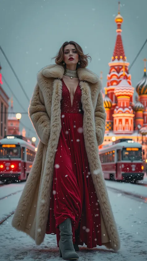 Une Russe en manteau de fourrure *sable blanc* (col en renard arctique), robe *Rouge Tsar* en velours ciselé. Bottes en daim gri...